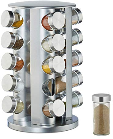 Relaxdays Gewürzkarussell mit 20 Gewürzgläsern, 360° drehbar, Gewürzdosen zum Streuen, 34,5 cm hoch, Edelstahl, silber