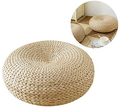 Persiverney Tatami Sitzkissen Bodenkissen Rund - 45cm - Handcrafted Auflage Gestrickter Runde Sitzkissen Kissen Bodenkissen für Wohnzimmer Garten Esszimmer Home Deko, Natürlich and Umweltfreundlicher