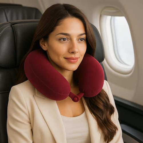 KAMACA Nackenhörnchen Nackenkissen mit Softplüsch Bezug und Druckknopf-Verschluss für Unterstützung bei Reisen Weiches und Komfortables Reisekissen für Flugzeug Zug Auto Bus (Bordeaux)