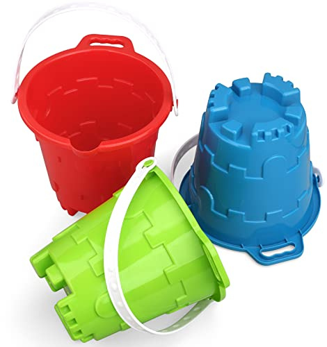 Beach Sand Toy Bucket Gear For Kids Adult, 7 Plastic Beach Castle Mold Buckets, Sand Pail Water Bucket for Summer Party Fishing, Space Saving Outdoor Waterpot for Garden Camping Accessory (3PCS)