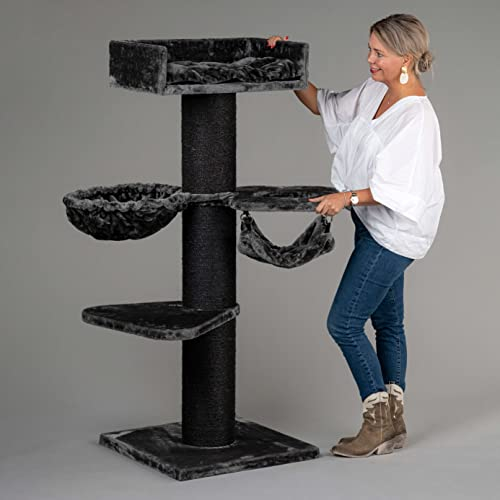 RHRQuality Kratzbaum für große Katzen – Royalty Crown Plus – 158 cm hoch – mit extra dicken 20 cm Sisalstämmen – Blackline Dunkelgrau