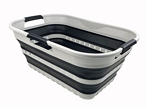 SAMMART 21L Super Mini Zusammenklappbarer Kunststoffkorb mit 3 Griffen – Faltbarer Pop-Up-Aufbewahrungsbehälter/Organizer – Platzsparender Geschenkkorb/Korb (Grau/Schiefergrau)
