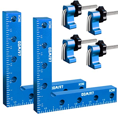 LAIWOO Positionierwinkel 90 Grad Winkel Klemme 140mm/5,5 Zoll, 4 Paare Befestigungsclips, Messwinkel Rechtwinklige Klemme für Zimmermannswerkzeug, Winkelspanner für Bilderrahmen Regalschränke (Blau)