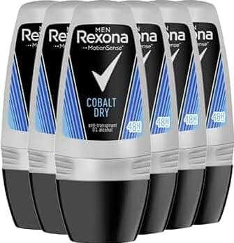 Rexona Men Men Maximum Protection Desodorante Roll-On Cobalt Dry Antitranspirante con protección contra la sudoración intensa y el olor corporal, 50 ml, 6 unidades