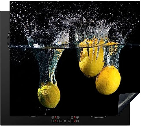 KitchenYeah© Herdabdeckplatte Einteilig Küche Herdabdeckung Induktionsfeld | 60x52 cm - Ceranfeld Herdabdeckplatten Vinyl Matte Aufrollbar Zitrone - Obst - Stilleben - Wasser - Gelb