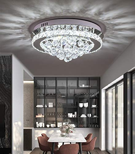 XEMQENER 40cm Round Crystal Chandelier, 36W LED Ceiling Lamp with Cool White Light, Finish Chrome Flush Mount Ceiling Light for Living Room Bedroom Bar Kitchen Hotel Restaurant(NO Remote)