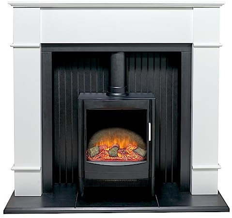 Adam Oxford Stove Suite in Pure White with Sureflame Keston Electric Stove in Black, 48 Inch