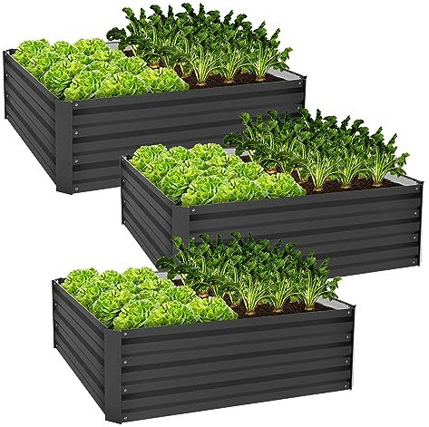 ML-Design 3X Lit de Jardin Surélevé en Métal, 90x90x30 cm, 240 L, Anthracite, Résistant aux Intempéries, Bac à Fruits/Fleurs/Légumes/Herbes Aromatiques, Boîte à Plantes, Jardinière Deco Extérieur