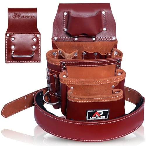 Ap Leather Pro-015 Leder-Werkzeugtasche für den Bau, robuster Hammerhalter, Schnalle, 3 Taschen, groß mit Gürtel, 12 kleine Taschen, Werkzeug-Organizer