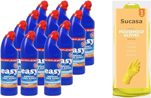 Easy Thick Bleach 24-Hour Toilet Bleach Cleaner 12x750ml - Powerful Formula, Germ-Killing Strength | Includes Bonus DirtBuster Gloves by Sucasa