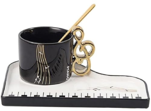 FülleMore Kreative Klavier Kaffeetasse mit Unterteller und Löffel,200ml Keramik Cappuccinotasse Süß Musiknoten Espressotasse Mochatasse Geschenk für Mutter freundin Geburtstag Valentinstag (Schwarz)