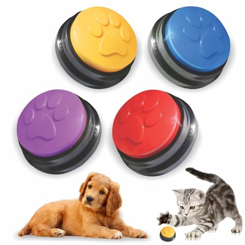 SUHSAI Hundeknöpfe, Sprechtraining, 4er-Pack beschreibbare Hundeknöpfe für Kommunikation und Haustiertraining, 30-Sekunden-Sprachsummer mit Pfotendesign, sprechende Tonknöpfe für Haustiere