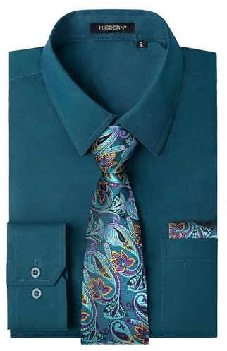 HISDERN Chemise Sarcelle pour Homme à Manches Longues Chemises Costume avec Cravate d'affaires XL