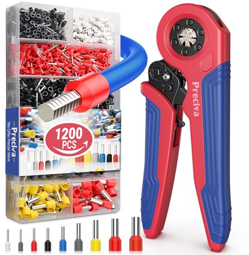 Preciva 0.08-10mm² Crimping Tool Set with 1200pcs Cable Connectors, Red and Blue Ferrule Crimping Tool, Auto-Adjustable Hexagon Ratchet Bootlace Ferrules Crimper Electrician Tool