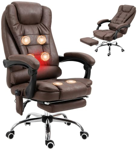 Vinsetto Bürostuhl mit Massagefunktion, Liege- & Wärmefunktion, Braun | Ergonomisch Schreibtischstuhl, Fußstütze, Höhenverstellbar Computerstuhl, Seitentasche, Fernbedienung, Mikrofaser