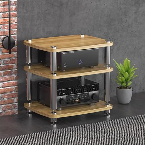 GUAWJRZDP Hölzerner Hi Fi Regal, Hi Fi Rack mit Stoßdämpfenden Füßen, Audio Rack Hi Fi Regal, Record Player Stand for Entertainment-Stereo, Rack-Audio-Tower mit Metallstahlrahmen(Wood,3-Tier)