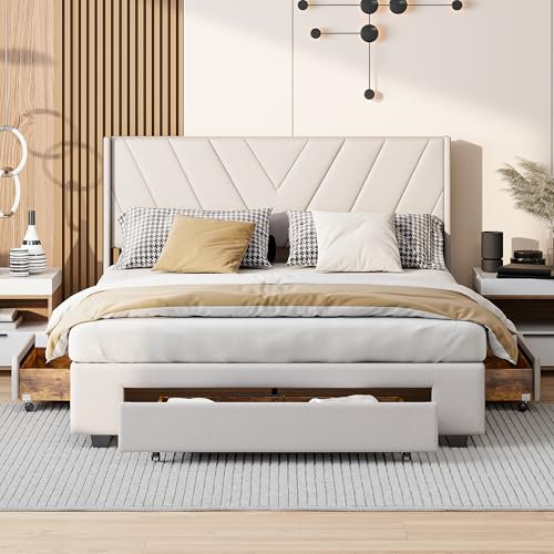 KeepGoon Polsterbett 140x200cm,Doppelbett mit 3 schubladen,Stauraumbett mit Lattenrost und Rückenlehne,Leinenbeige,Schubladenbett für Erwachsene und Jugendliche