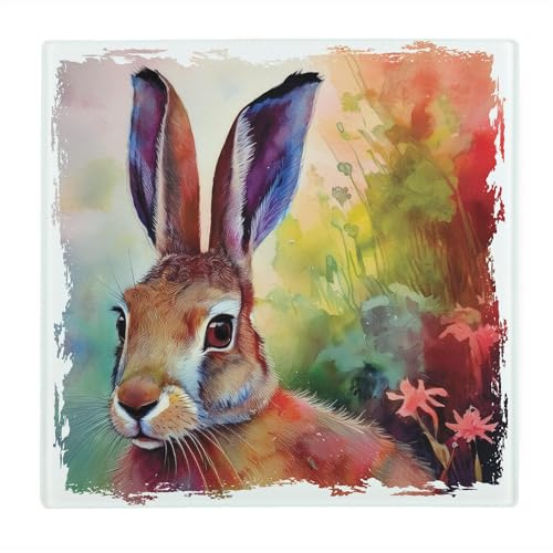 Vivid Lièvre Protecteur de plan de travail carré en verre – Cadeaux colorés sur le thème de la faune – Planche à découper lisse avec pieds antidérapants 30 cm x 30 cm