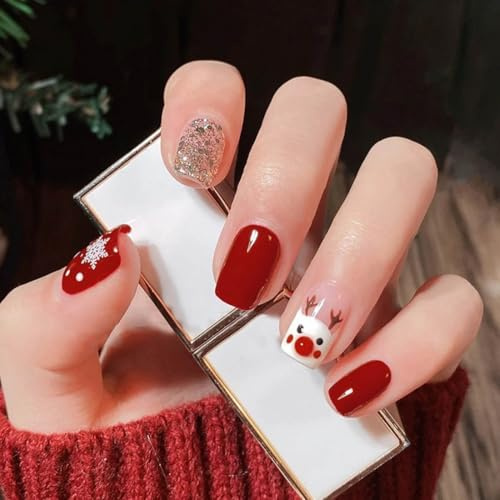 Resweky 24pcs Noël Faux Clou Cerf Flocons de Neige Court Carré Français Rouge Paillette Faux Ongles Couverture Complète Pour Femmes Et Fille