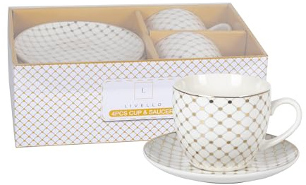 LIVELLO Juego de tazas de porcelana – 2 tazas de café con platillos (250 ml/14 cm), diseño elegante, ideal para café o té, idea de regalo, juego de tazas de café
