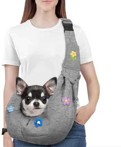 Pawaboo Borsa a Tracolla per Cani con Fibbia Regolabile Portacarte a Mani Libere, Guinzaglio di Sicurezza per Cuccioli e Gatti, Tracolla Extra Larga Porta-Animali, Fino a 12 Lbs, Fiori + Grigio