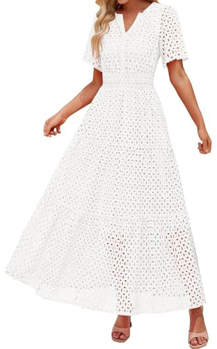 Women's Summer Short Sleeve Maxi Dress Casual V-Neck Dress with Broderie Ruffle Swing A-line Cut and Elegant Ankle Length Women's Short Sleeve Long Dresses Eyelet Ruffle Swing