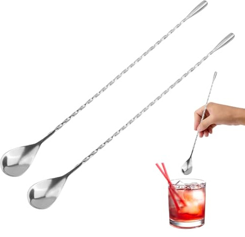 2 Pcs Cocktail Stirrers, 11.81 Inch Stainless Steel Long Handle Mixing Spoon Bar Cocktail Shaker Spoon with Spiral Pattern Teardrop End Design, Long Twisted Stirrer for Coffee, Ice Cream Spoons