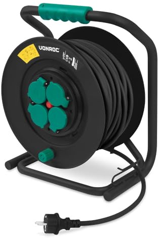 VONROC PRO 50 m kabeltrumma – IP44 – neoprenkabel H07RN-F 3 x 1,5 mm² – 4 Schuko-uttag med jordning – 3 000 watt (upplindad)/1 100 W (hoprullad) – fast kärna – värmeskydd