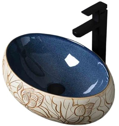 CWCQGH Lavabo da appoggio Piccolo, Ovale, Singolo, in Ceramica, per Bagno, Interno ed Esterno, con Accessori, lavabo da appoggio