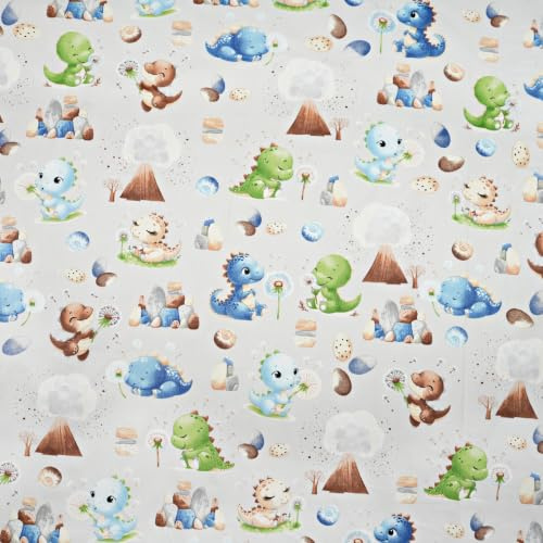 Baumwollstoff Dinosaurier Meterware | 100% Baumwolle | 130 g/m², 160 cm | Weich, hautfreundlich | Kinderstoffe, Kleidung & Deko (Dinosaurier in Blau-Grün mit Vulkan auf grauem Hintergrund)