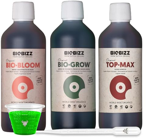 Biobizz Bloom 1L, Top Max 1 Liter und Grow 1000ml – Organisches Dünge-Set mit Pipette und Messbecher für Wachstum und Blüte