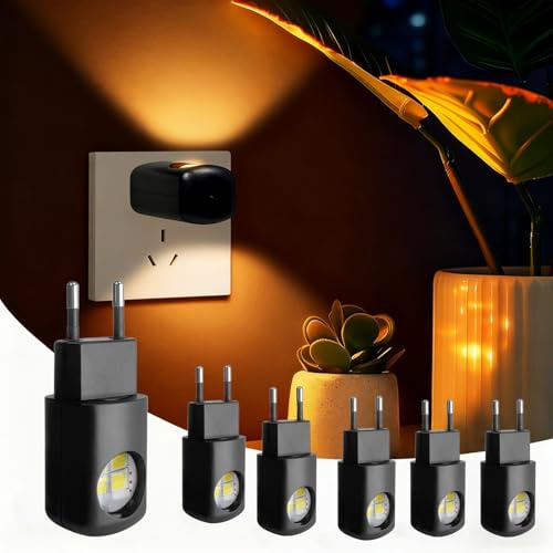 yiokeo 6/8 Pack LED Wall Socket Night Light,180° Swivel Plug Night Light,Automatic Sensor Dusk to Dawn Dimmable Warm White Light for Bedroom, Bathroom, Stairs, Hallway (Black,4pack-EU)
