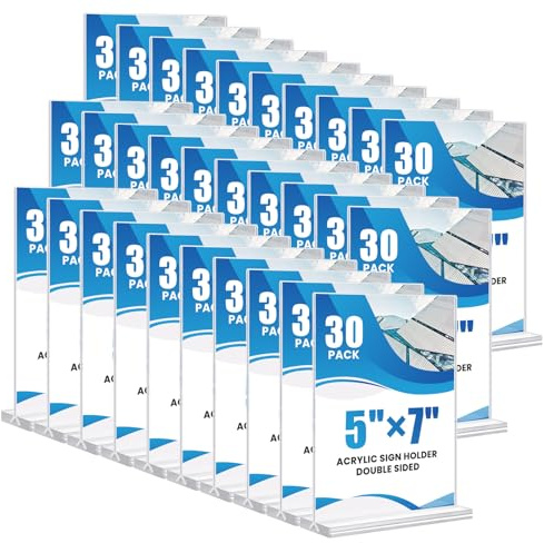 30 Pack Acrylic Sign Holder 5x7, Clear Double Sided Tabletop Menu Display, Desktop Flyer Stand with Vertical Base, Plastic Paper Picture Frame Holder Suitable for Restaurants Office Store Show Fair