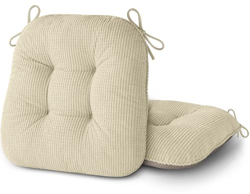 AddGrace Chair Cushions for Dining Chairs Set of 2 Non-Slip Kitchen Seat Cushions with Ties Tufted Thick Seat Pads for Indoor Kitchen Dining Furniture 17x16x3 Beige