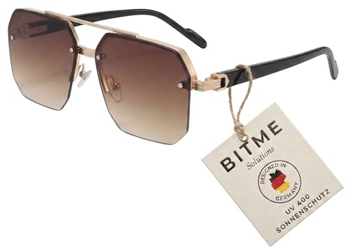 BitME Solutions Vintage Sonnenbrille Damen & Herren – Große Rechteckige Gläser – Retro Oversized Brille im 90er Jahre Design – UV400 Schutz – Eckige Unisex Sonnenbrille für Festival & Party – Braun