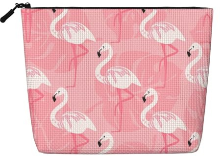 DRTGEDS Summer Flamingo Palm Leaves Water Resistant Makeup Bag Fake Hemp, Large Cosmetic Organizer Travel Zippered Pouch