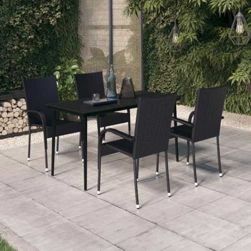 Kaloriko 5-TLG. Garten-Essgruppe Schwarz, PE-Rattan Outdoor Möbel Set, Terrassenmöbel mit Glastisch, 4 Stühle, pulverbeschichteter Stahlrahmen, 140x70x74 cm