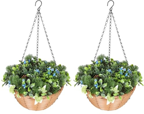 HOMCOM Pack of 2 Faux Plant Artificial Lisianthus Flowers, Decorative Hanging Planters with Basket, PE Leaves, 18 Flowers and 3 Pinecones, Home Office Decor, Green