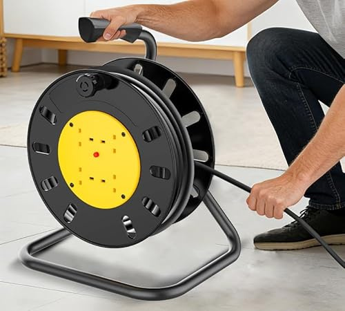 Outdoor Extension Lead Cable Reel 50m, 4 Socket Heavy Duty Reel with Thermal Cut Out, 13A Fused Plug, Portable Winding Handle for Garden & Workshop