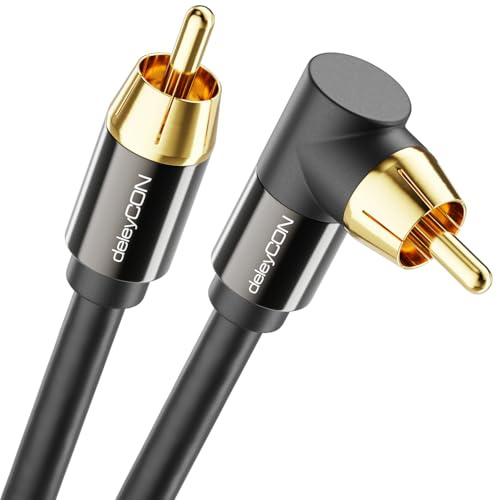 deleyCON 3,0m Cable para Subwoofer - Conector Acodado - Cable Coaxial RCA Cinch - para Subwoofer, Receptor AV, Amplificador HiFi, Sistemas HiFi, Barras de Sonido, Altavoces Activos - Nylon Negro