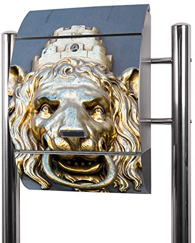 banjado® Standbriefkasten Edelstahl mit Zeitungsfach Motiv Türklopfer Löwe/Briefkasten mit Standfuß/Edelstahl Briefkasten freistehend - A4 Einwurf inkl. 2 Schlüssel