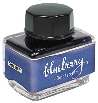 ONLINE Duft-Tinte Blueberry, Tintenglas Blau 15ml, bunte Füllertinte für Kalligrafie, Handlettering, Schreibtinte, Tintenfass für Konverter, Tinte der Sinne auf wasserbasis