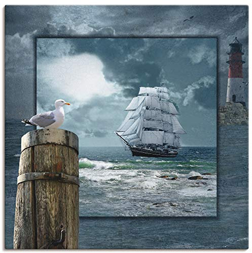 ARTLAND Wanddeko Leinwand Bilder Wandbild 100x100 cm Meer Küste Maritim Schiff Segelschiff Möwe Leuchtturm Sturm Wolken T6DA