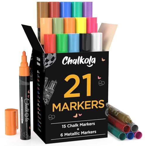 Chalkola Liquid Chalk Markers & Metallic Colors (Pack of 21) - Erasable Chalk Pens for Chalkboard, Blackboard, Window, Bistro, Car Glass, Board - Neon Paint Ink Chalkboard Markers 6mm Reversible Tip