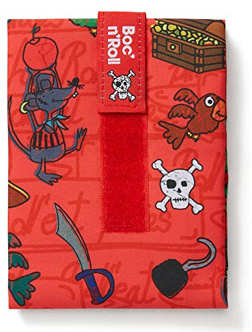 Roll'eat ® | Bolsa Merienda, Porta Bocadillos con Envoltorio Reutilizable, Porta Alimentos Ecológico sin BPA, Bolsa de Tela, Color Piratas Rojo - Boc'n'Roll Kids