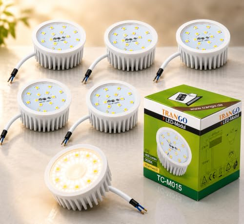 Trango 5er Pack MO15SD*5 Ultra flach 5 Watt dimmbarer LED Modul 3000K warmweiß zum Austauschen GU10 & MR16 Halogen Leuchtmittel für Einbauleuchten, Deckenstrahler, Einbaustrahler, Deckenleuchte, Spots