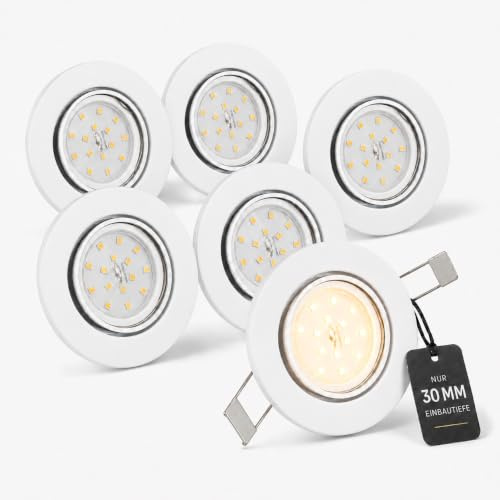 Trango 6er Pack Einbaustrahler 6729-066MO Einbauleuchte, Deckenlampe in Weiß Rund inkl. 6x LED Modul nur 30mm Einbautiefe Deckenleuchte, Einbauspots Deckenpampe
