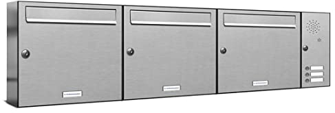 AL Briefkastensysteme 3er Briefkastenanlage mit Klingel, V2A Edelstahl, Premium Briefkasten DIN A4, 3 Fach Postkasten modern Aufputz