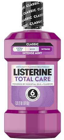 Listerine Total Care Intense Anticavity Fluoride Mouthwash, 6 Benefits in 1 Oral Rinse Helps Kill 99% of Bad Breath Germs, Prevents Cavities, Provides 360 Clean*, ADA-Accepted, Intense Mint, 1 L