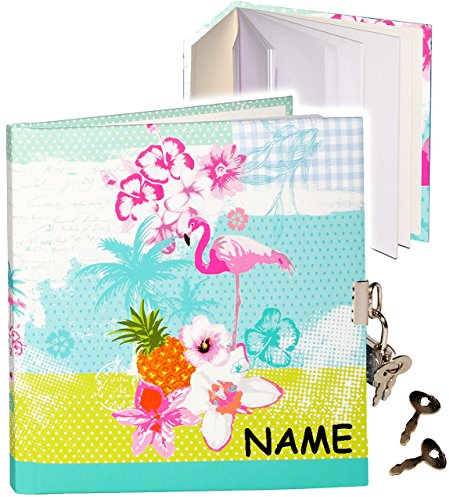 alles-meine.de GmbH Tagebuch mit Schloss - Flamingo & Hibiskus Blume - Hawaii - incl. Name - blanko weiß - Dickes Buch gebunden - 96 Seiten - für Geheimnisse Reisetagebuch / ..